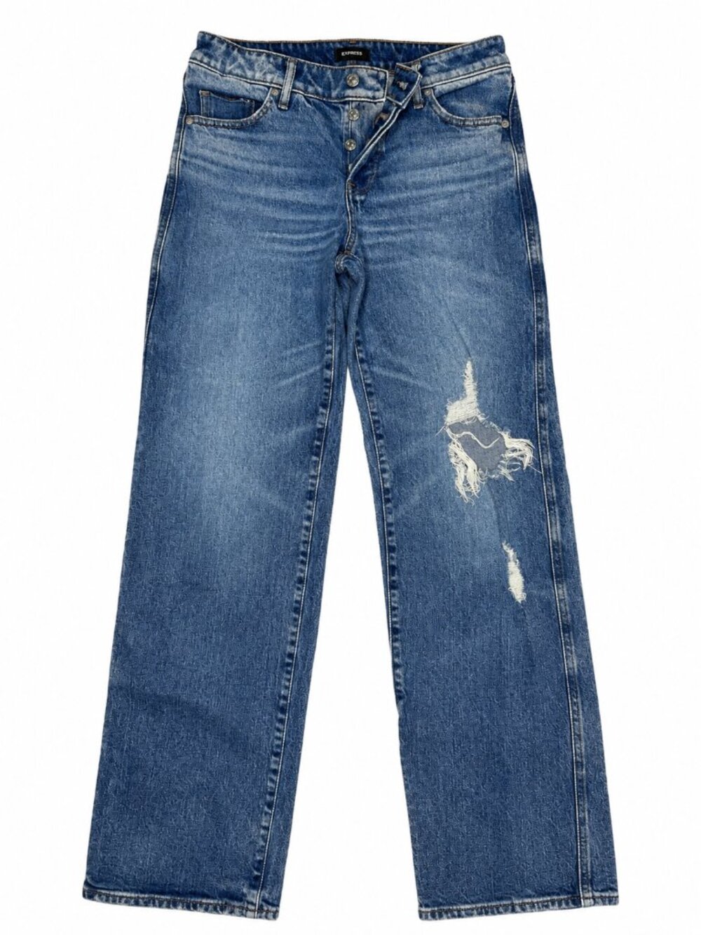Express Relaxed Straight Low Rise Jeans Size 2R Distressed Button Fly
